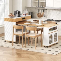 Extendable Rolling Kitchen Island with Folding Top, Versatile Kitchen Cart with Windows, 74" L x 43.5" W x 37.5" H, Creamy White+Natural(m-1)