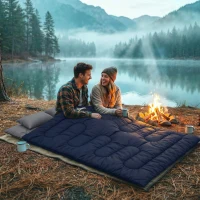 Outsunny Double Sleeping Bag for Adults, Queen Size 2 Person Sleeping Bag with 2 Pillows, for Cold Weather & Warm, Blue(m-1)