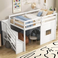 Stylish Twin Loft Bed with Storage Staircase and Window, Sturdy Bunk Bed with Full-Length Guardrails, 95" L x 41.5" W x 50" H, White(m-1)