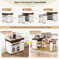 Extendable Rolling Kitchen Island with Folding Top, Versatile Kitchen Cart with Windows, 74" L x 43.5" W x 37.5" H, Creamy White+Walnut(m-5)