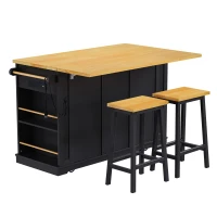 Modern Black Kitchen Island Set with 2 Bar Stools, Versatile Kitchen Cart Set with Drop-Leaf Counter, 53" L x 29.5" W x 36.5" H, Black(m-13)