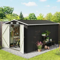 Outsunny 12' x 10' Metal Shed, Heavy Duty Outdoor Storage Shed with 4 Vents and Lockable Double Doors, Dark Grey(m-8)
