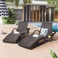 Set of 2 Outdoor Wicker Chaise Lounge with Adjustable Backrest, Ergonomic Recliners with Side Table, 80'' L x 27'' W x 36'' H, Dark Brown(m-9)