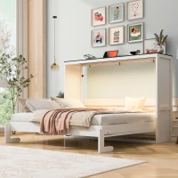 Full Size Murphy Bed with LED Light and Built‑In Desk, Foldable Platform Bed with Smooth Hydraulic Lift, 83" L x 60.5" W x 62" H, Brown+White(m-1)