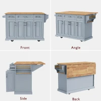 Rolling Kitchen Island with 4 Doors and Adjustable Shelves, Versatile Cart for Kitchen or Dining Room, 54'' L x 29.5'' W x 36'' H, Grey+Blue(m-7)
