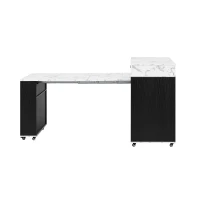 Extendable Rolling Kitchen Island with Folding Top, Versatile Kitchen Cart with Windows, 74" L x 43.5" W x 37.5" H, Black+White Marble(m-15)