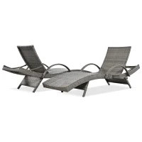Set of 2 Outdoor Wicker Chaise Lounge with Adjustable Backrest, Ergonomic Recliners with Pull-Out Side Table, 80'' L x 27'' W x 36'' H, Grey(m-2)