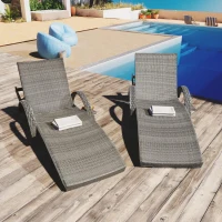Set of 2 Outdoor Wicker Chaise Lounge with Adjustable Backrest, Ergonomic Recliners with Pull-Out Side Table, 80'' L x 27'' W x 36'' H, Grey(m-9)