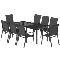 Outsunny 9 Pieces Patio Set with Stackable Chairs, Patio Dining Set with Glass Top for Garden, Patio, Backyard, Black(m-2)