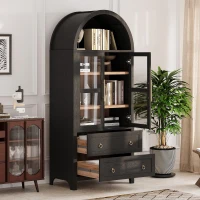 Arched Kitchen Pantry Cabinet with 2 Soft-Close Drawers, Modern Farmhouse Hutch for Living Areas, 30'' L x 15.5'' W x 71'' H, Black(m-1)