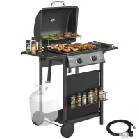 Outsunny 2 Burner Propane Gas Grill, 18000 BTU BBQ Grill with Wheels, Warming Rack, Shelf, Thermometer, Grease Cup, Black(m-11)