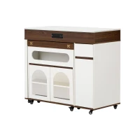 Extendable Rolling Kitchen Island with Folding Top, Versatile Kitchen Cart with Windows, 74" L x 43.5" W x 37.5" H, Creamy White+Walnut(m-14)