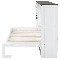 Twin-Size Murphy Bed with LED Light and Foldaway Cabinet, Space-Saving Wall Bed with Desk Conversion, 83" L x 45.5" W x 47" H, Brown+White(m-13)