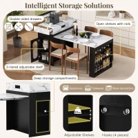 Extendable Dining Table with Folding Tabletop, Multi-Functional Kitchen Island with Drawers, 57.5" L x 32.5" W x 38" H, Black+White Marble(m-7)