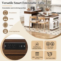 Extendable Rolling Kitchen Island with Folding Top, Versatile Kitchen Cart with Windows, 74" L x 43.5" W x 37.5" H, Creamy White+Walnut(m-7)