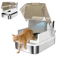 PawHut Stainless Steel Cat Litter Box, Easy-Clean Enclosure with Scoop & Flip Lid, 27.6" L x 19.7" W x 18.3" H, White(m-11)