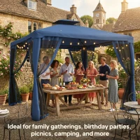 Outsunny 9.6' x 9.6' Patio Gazebo Outdoor Pavilion 2 Tire Roof Canopy Shelter Garden, Steel Frame w/ Mosquito Netting, Dark Blue(m-7)
