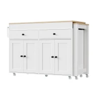 Space-Saving Kitchen Cart with Extendable Dining Table, Rolling Kitchen Island with Ample Storage, 74.5'' L x 19.5'' W x 36'' H, Off White(m-14)