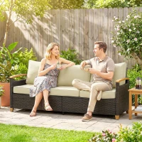 Outsunny 3 Seater Outdoor Couch Sofa, PE Wicker Patio Sofa, Wide Deep Seat, 4" Cushions, Wood-Effect Armrests Legs, Beige(m-9)