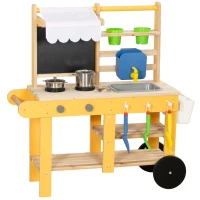 Qaba Mud Kitchen for Kids Outdoor with Wheels, Wooden Play Kitchen with Sink, Storage, Planting Pots, Blackboard, Yellow(m-2)