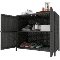 Outsunny Wicker Outdoor Storage Cabinet Double Magnetic Doors, PE Rattan Outdoor Towel Rack for Pool, Patio, Dark Grey(m-2)