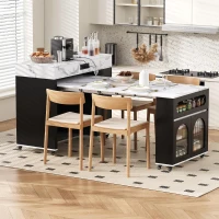 Extendable Rolling Kitchen Island with Folding Top, Versatile Kitchen Cart with Windows, 74" L x 43.5" W x 37.5" H, Black+White Marble(m-8)