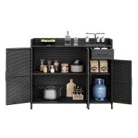 Outdoor Wicker Storage Cabinet with 3-Tier Adjustable Shelves, Stylish Bar Table for Garden, 47.5'' L x 16'' W x 39.5'' H, Black Brown(m-14)