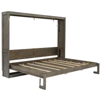 Full Size Murphy Bed with LED Light and Built‑In Desk, Foldable Platform Bed with Smooth Hydraulic Lift, 83" L x 60.5" W x 62" H, Brown(m-2)