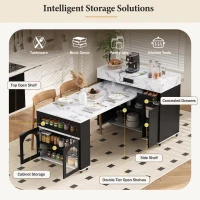 Extendable Rolling Kitchen Island with Folding Top, Versatile Kitchen Cart with Windows, 74" L x 43.5" W x 37.5" H, Black+White Marble(m-4)