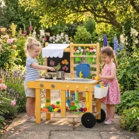 Qaba Mud Kitchen for Kids Outdoor with Wheels, Wooden Play Kitchen with Sink, Storage, Planting Pots, Blackboard, Yellow(m-8)