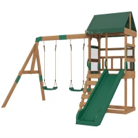 Qaba Wood Swing Set, Outdoor Playset with Slide, 2 Swings, Rock Wall and Covered Upper Deck, Kids Outdoor Playground(m-2)