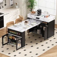 Extendable Rolling Kitchen Island with Folding Top, Versatile Kitchen Cart with Windows, 74" L x 43.5" W x 37.5" H, Black+White Marble(m-1)