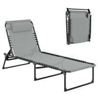 Outsunny Folding Lounge Chair, Adjustable Chaise Lounge with Headrest, Reclining Lounger Cot for Camping, Hiking, Light Grey(m-11)