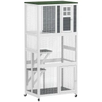 PawHut 74" Wooden Catio Outdoor Cat Enclosure Weatherproof & Wheeled, Outside Cat House with High Weight Capacity, Kitten Cage Condo, White(m-1)