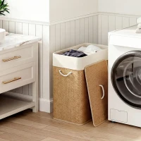 HOMCOM Double Laundry Basket with Lid, 26.4 Gallon Bamboo Laundry Hamper with Rope Handles and Removable Liner, Brown(m-10)