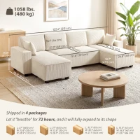 HOMCOM Modular U Shaped Couch, Sectional Sofa with Double Chaises and Spring Cushions, Beige(m-3)