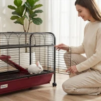 PawHut 41"L Small Animal Cage, Pet Play House for Rabbit Hutch Ferret with Feeder, Rolling Wheels, Platform, Ramp(m-8)