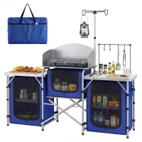Outsunny Aluminum Camping Kitchen, Portable Folding Camping Table with Fabric Cupboards, Windshield, Bag for BBQ, Picnic, Blue(m-11)