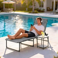 Outsunny Folding Lounge Chair, Adjustable Chaise Lounge with Headrest, Reclining Lounger Cot for Camping, Hiking, Light Grey(m-8)