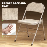 HOMCOM Set of 2 Metal Foldable Chairs, Faux Linen Padded Folding Chairs with Cushion Seat and Open Back for Indoor, Beige(m-4)