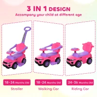Aosom 3 in 1 Kid Ride on Push Car Sliding Car, Ride on Toy for Boy Girl Toddlers 18-36 Months, with Horn Music Light Function Secure Bar, Pink(m-4)