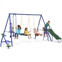 Outsunny Swing Set for Backyard, 5 in 1 Outdoor Playset for Kids with Heavy-Duty A-Frame Stand, 29.5" Saucer Swing, Slide, Teeter-Totter, Glider, 693 Lbs Load, Blue