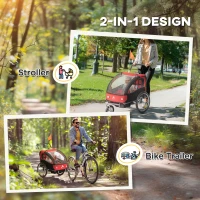 Aosom 2-in-1 Bike Trailer for Kids, Foldable 2-Seat Baby Stroller with 5-Point Harness, Rubber Wheels, Storage Bag, Red(m-4)