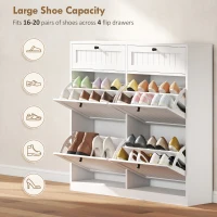 HOMCOM Shoe Cabinet with 2 Large Flip Drawers, Farmhouse Narrow Shoe Storage Cabinet with 2 Top Compartments, White(m-5)
