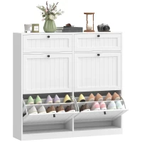 HOMCOM Shoe Cabinet with 2 Large Flip Drawers, Farmhouse Narrow Shoe Storage Cabinet with 2 Top Compartments, White(m-11)