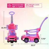 Aosom 3 In 1 Push Cars for Toddlers Kid Ride on Push Car Stroller Sliding Car with Horn Music Light Function Secure Bar Ride on Toy for Boy Girl 1-3 Years Old Pink(m-3)