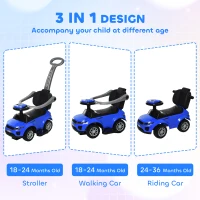 Aosom 3 in 1 Kid Ride on Push Car Sliding Car, Ride on Toy for Boy Girl Toddlers 18-36 Months, with Horn Music Light Function Secure Bar, Blue(m-4)