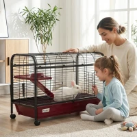 PawHut 41"L Small Animal Cage, Pet Play House for Rabbit Hutch Ferret with Feeder, Rolling Wheels, Platform, Ramp(m-2)