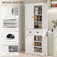 HOMCOM 72" Kitchen Pantry Storage Cabinet, Cupboard w/ 4 Doors and 3 Adjustable Shelves, Large Central Drawer, Cream White(m-7)