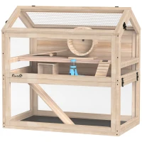 PawHut Wooden Hamster Cage, 3-Tier Small Animal Cage with Hut, Seesaw, Ramps, Exercise Wheel, Acrylic Panel and Bottom Tray(m-1)